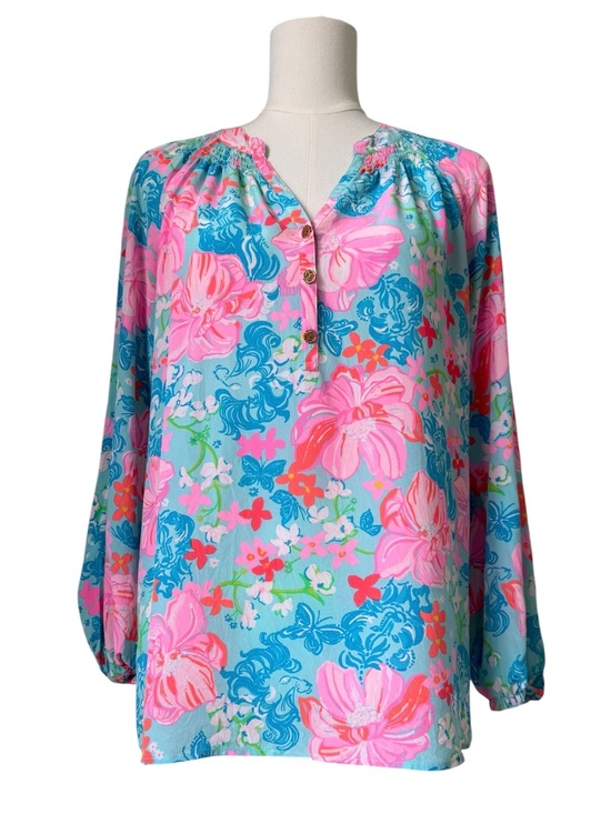 Lilly Pulitzer Tops - LILY PULIITZER | Elsa Floral Silk Top Surf Blue Luscious Lions Size M